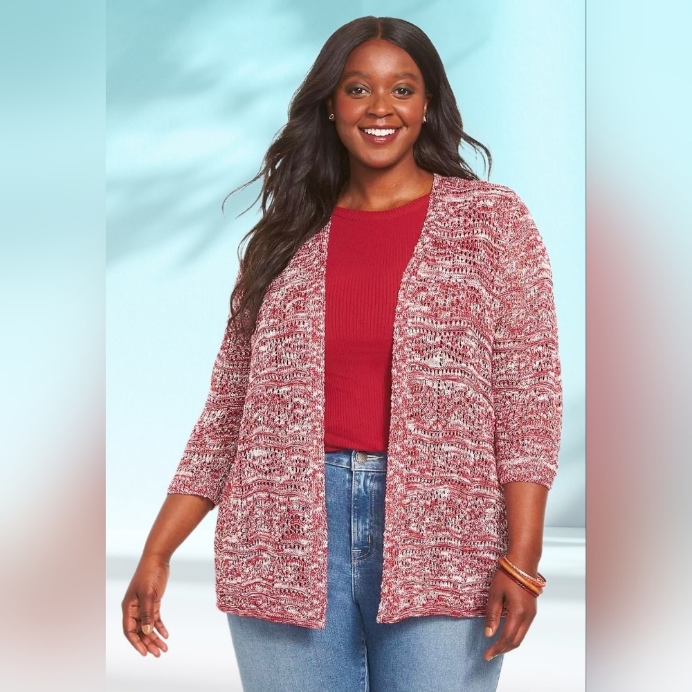 Lane Bryant Marled Red and White Open Cardigan